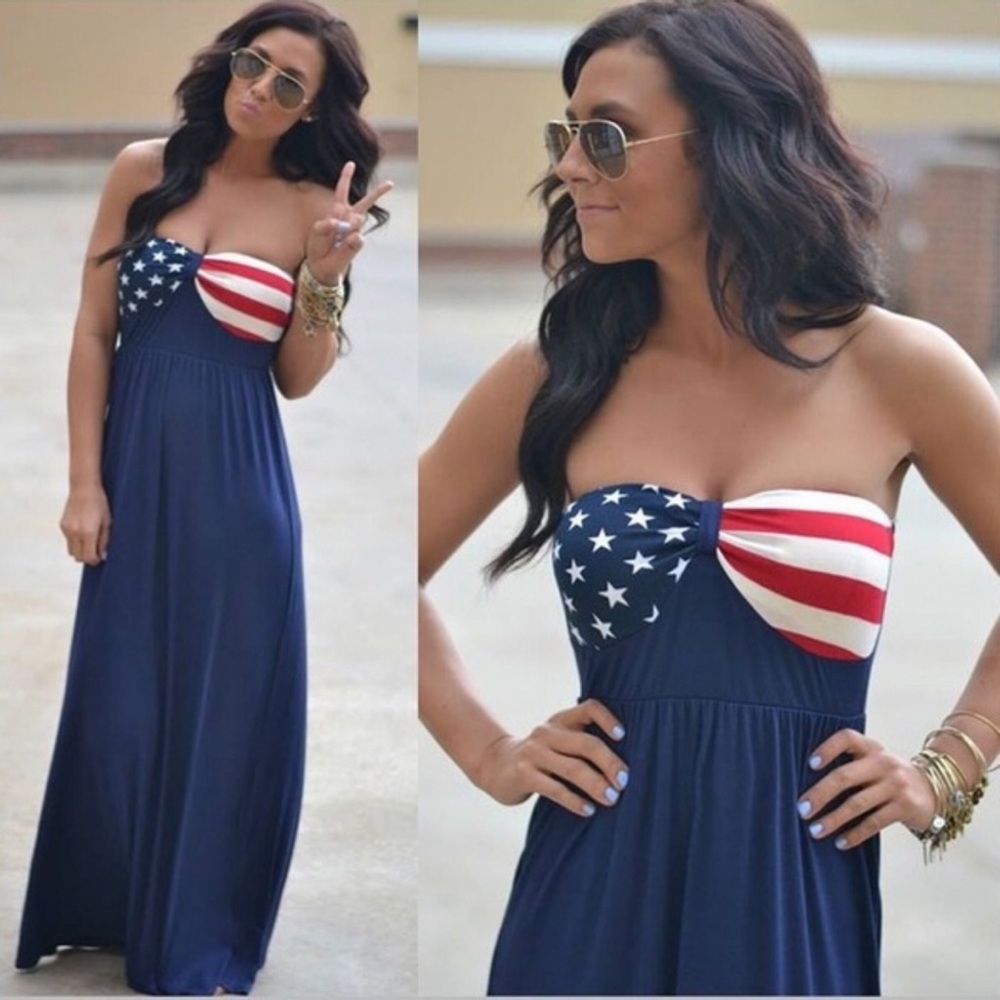 American Flag Patriotic Strapless Maxi Dress